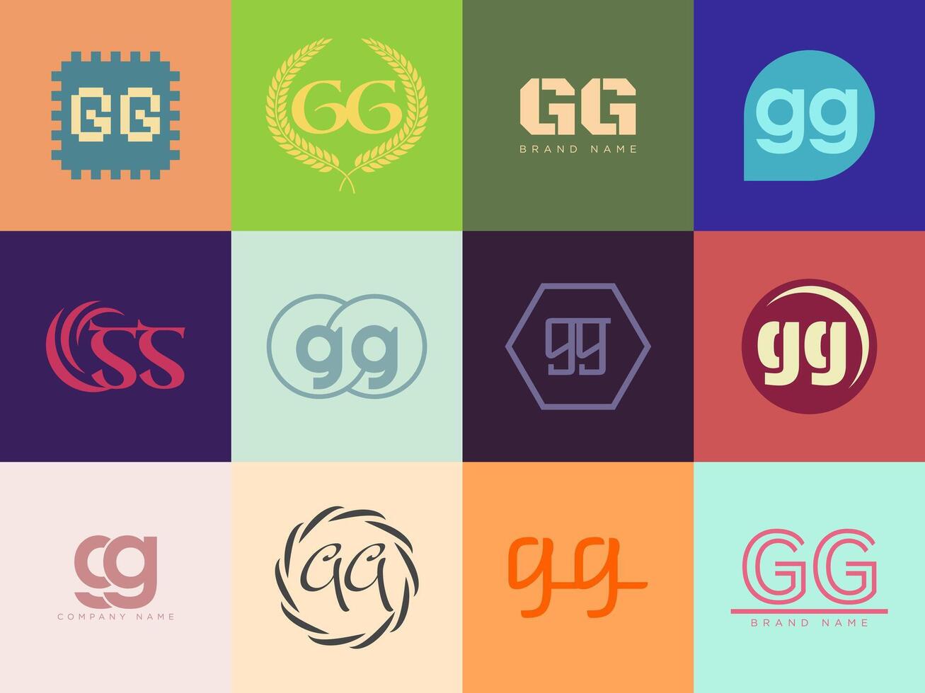 GG logo company template. Letter g and g logotype. Set different classic serif lettering and modern bold text with design elements. Initial font typography. vector