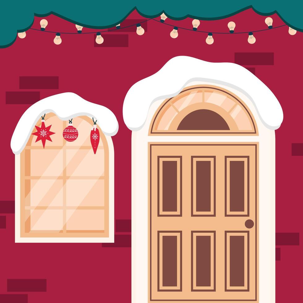 illustration of a Christmas scene with a red brick wall on which a window and a door are located. There is snow above the window and the door, and three red Christmas decorations hang vector