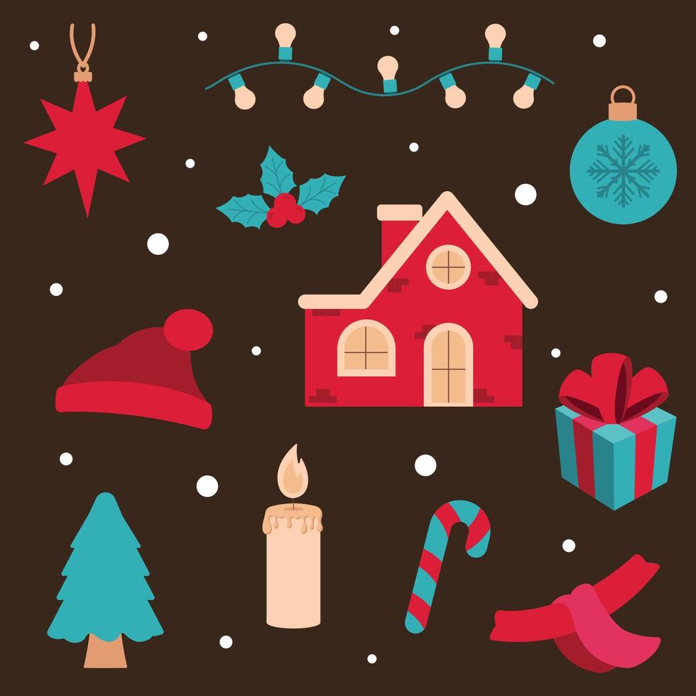 Christmas winter themed illustration on dark brown background. Scarf, Hat, Garland with light bulbs, Red star, Christmas ball, House, Holly Twig, Candle, Christmas tree, Gift. vector
