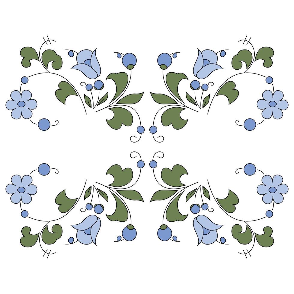 decorative patterns in folk style with green leaves and flowers on a white background. vector