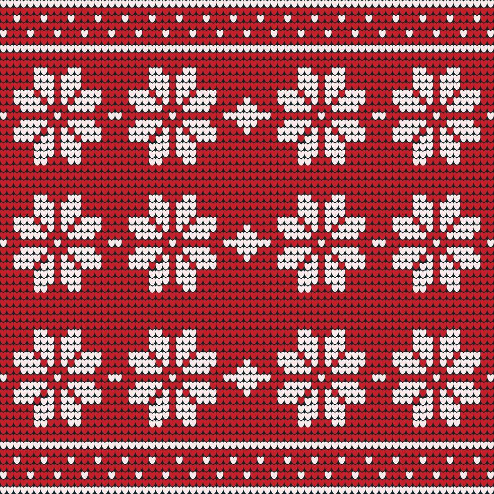 Knitted Christmas pattern in red with white snowflakes and hearts. vector