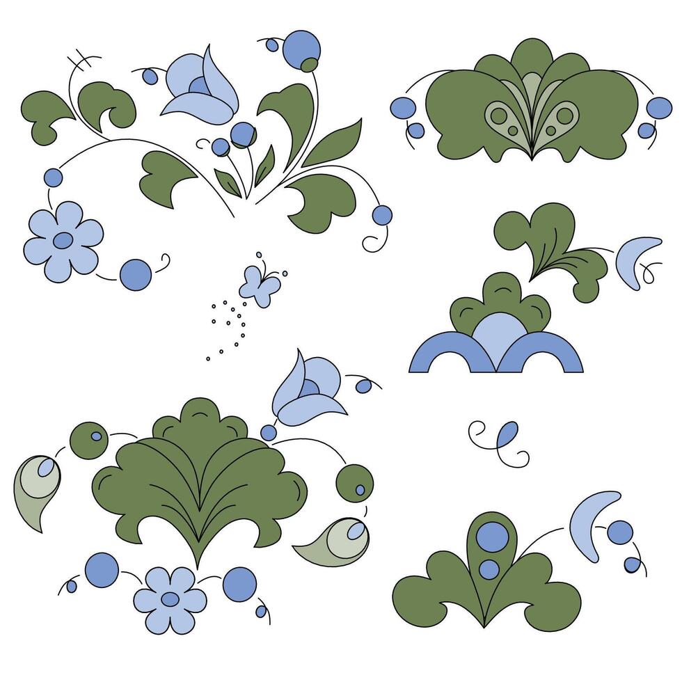 A set of decorative patterns in folk style with green leaves and flowers on a white background. vector