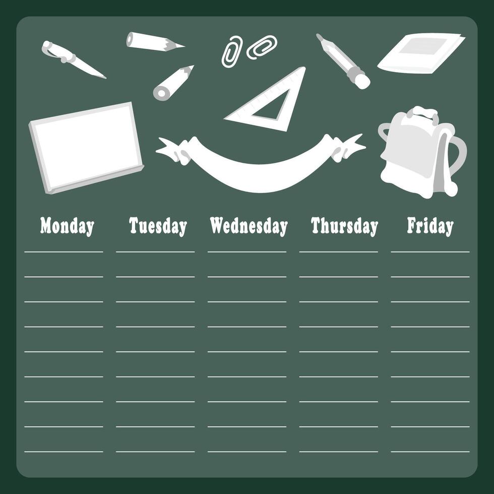 illustration of a school timetable, with school subjects in white on a green background. vector