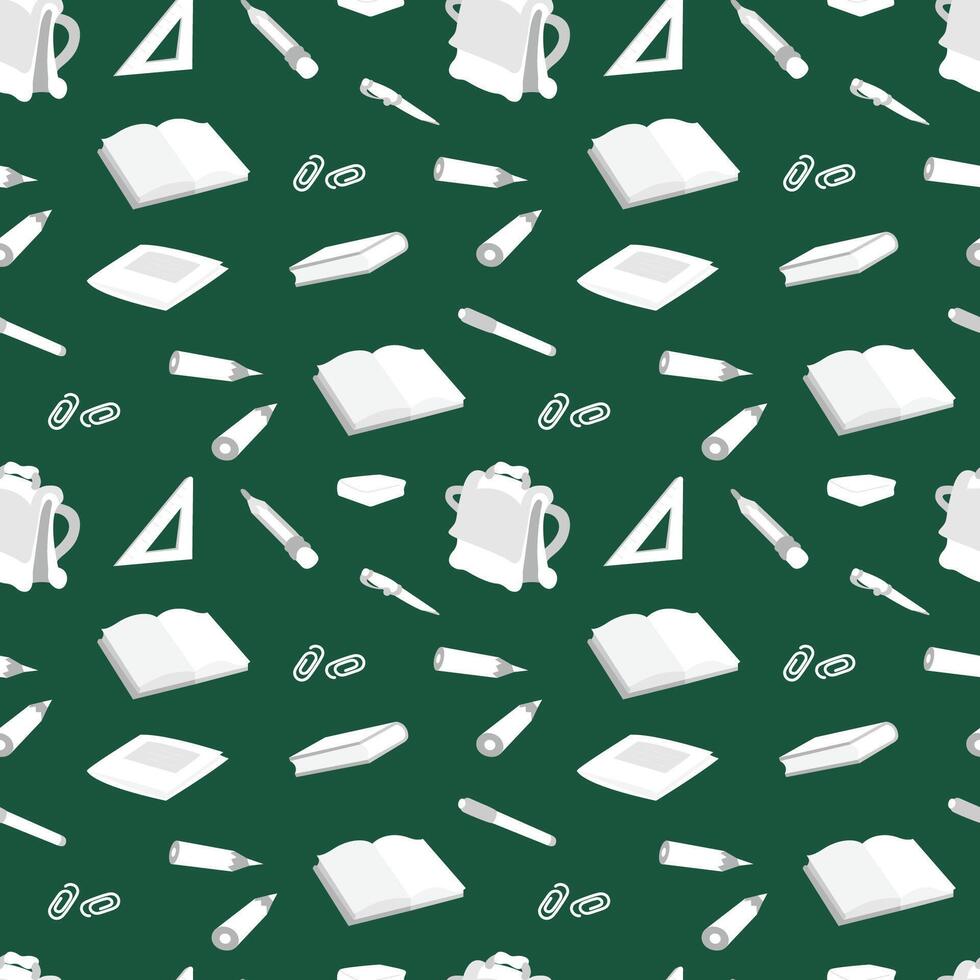 Seamless pattern of school subjects in white on a green background, back to school. vector