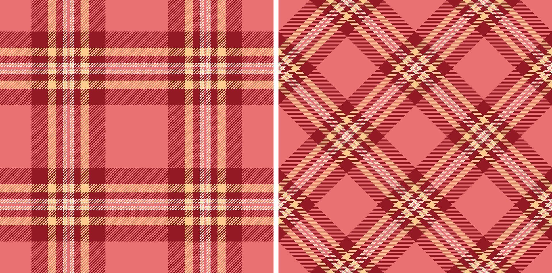 Two seamless plaid patterns in warm coral tones, offering classic textile designs. Perfect for backgrounds, textiles, crafts, or digital designs seeking a cozy aesthetic. vector