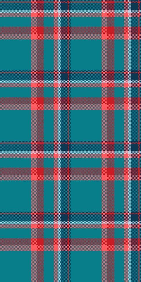 Cozy pattern fabric , blanket check seamless texture. Straight plaid tartan textile background in cyan and red colors. vector