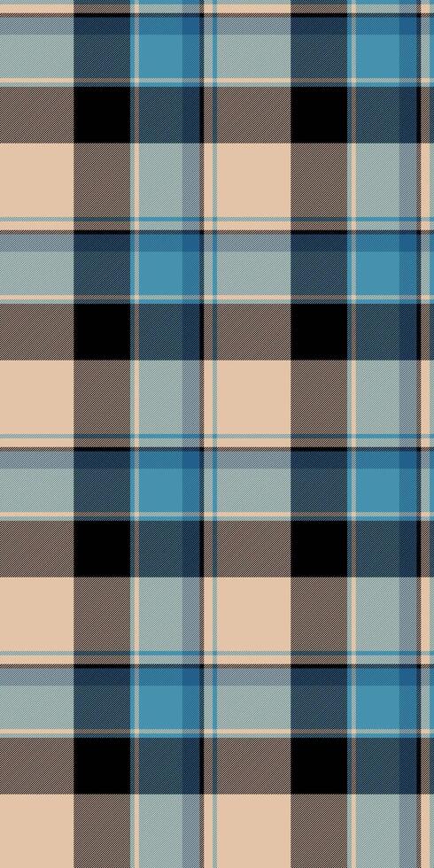 Elegant plaid textile pattern in muted blues, beige, and black. Perfect for fashion, home decor, or website backgrounds. Subtle yet stylish, this design evokes feelings of warmth and sophistication. vector