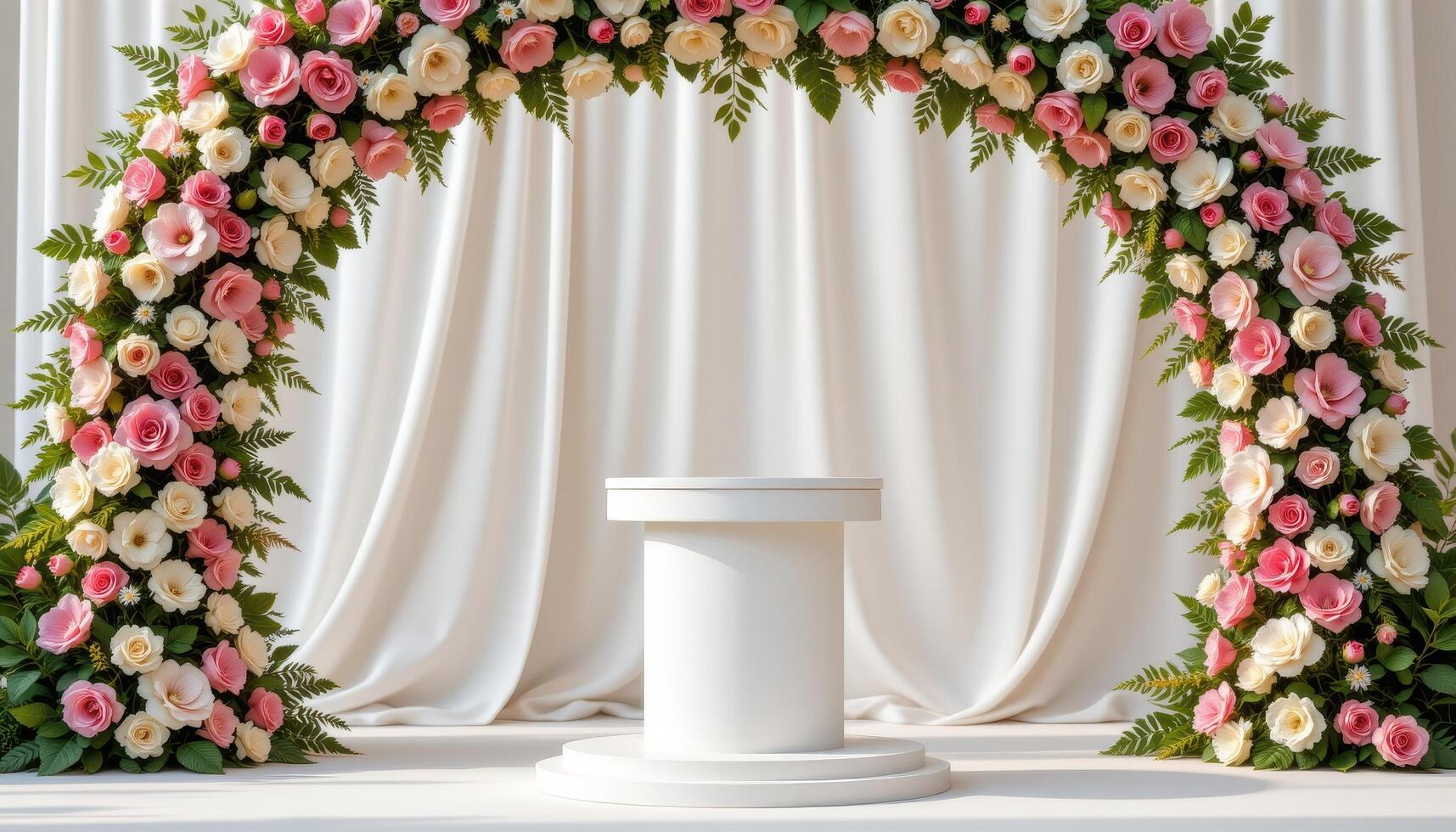 close up view of a podium set under a floral archway, featuring layers of blossoms cascading down the sides. photo