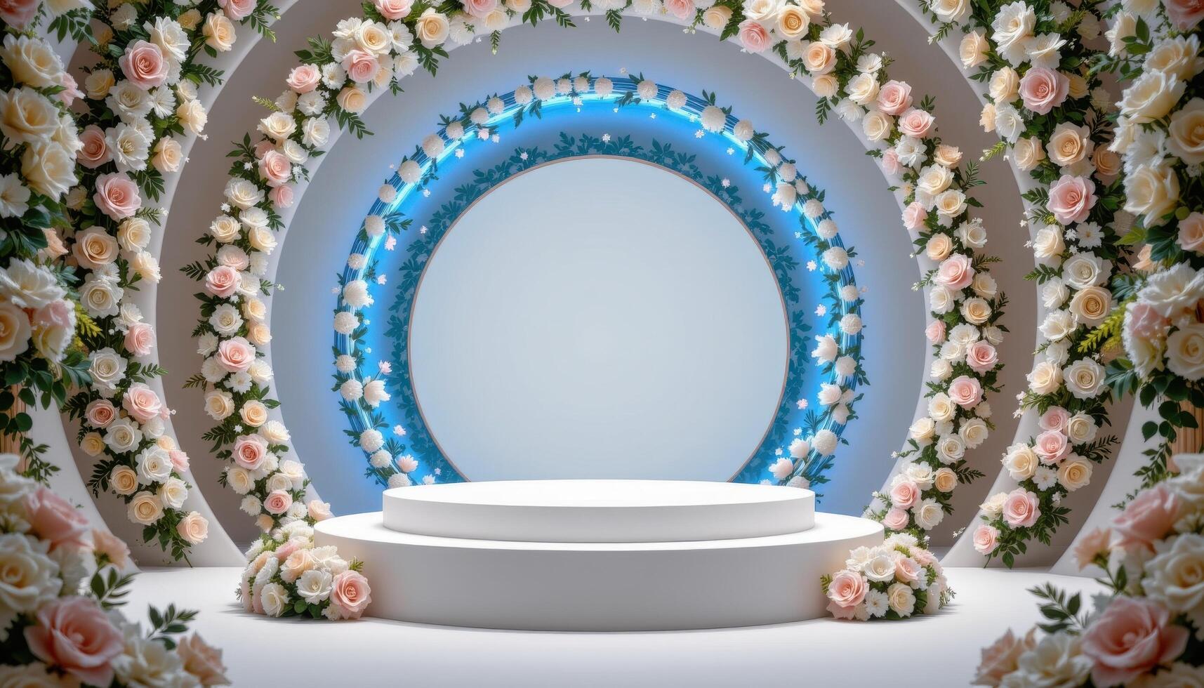 close up view of a podium encircled by circular floral structures in gradually shifting tones from blue to white. photo