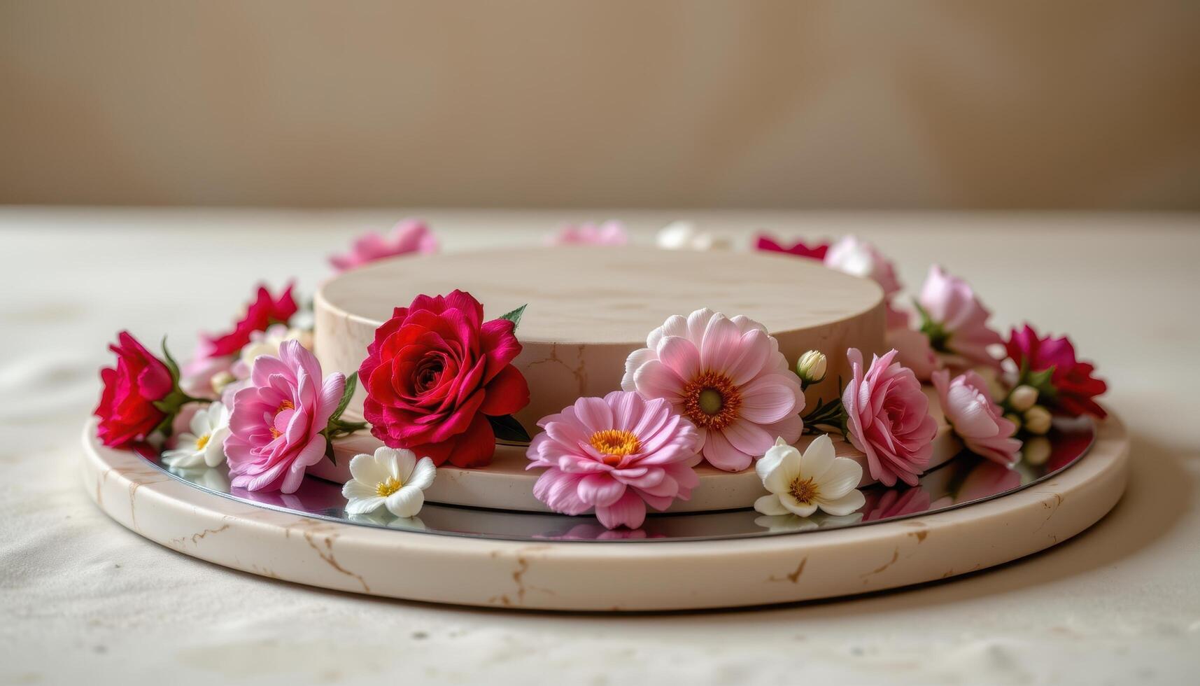 close up view of a podium resting on a circular mirrored base reflecting flowers placed in precise radial symmetry. photo