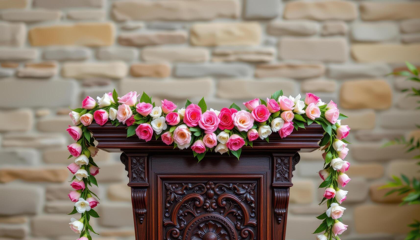 close up view of a carved mahogany podium decorated with garlands of jasmine and pink carnations, against a neutral stone wall background. photo