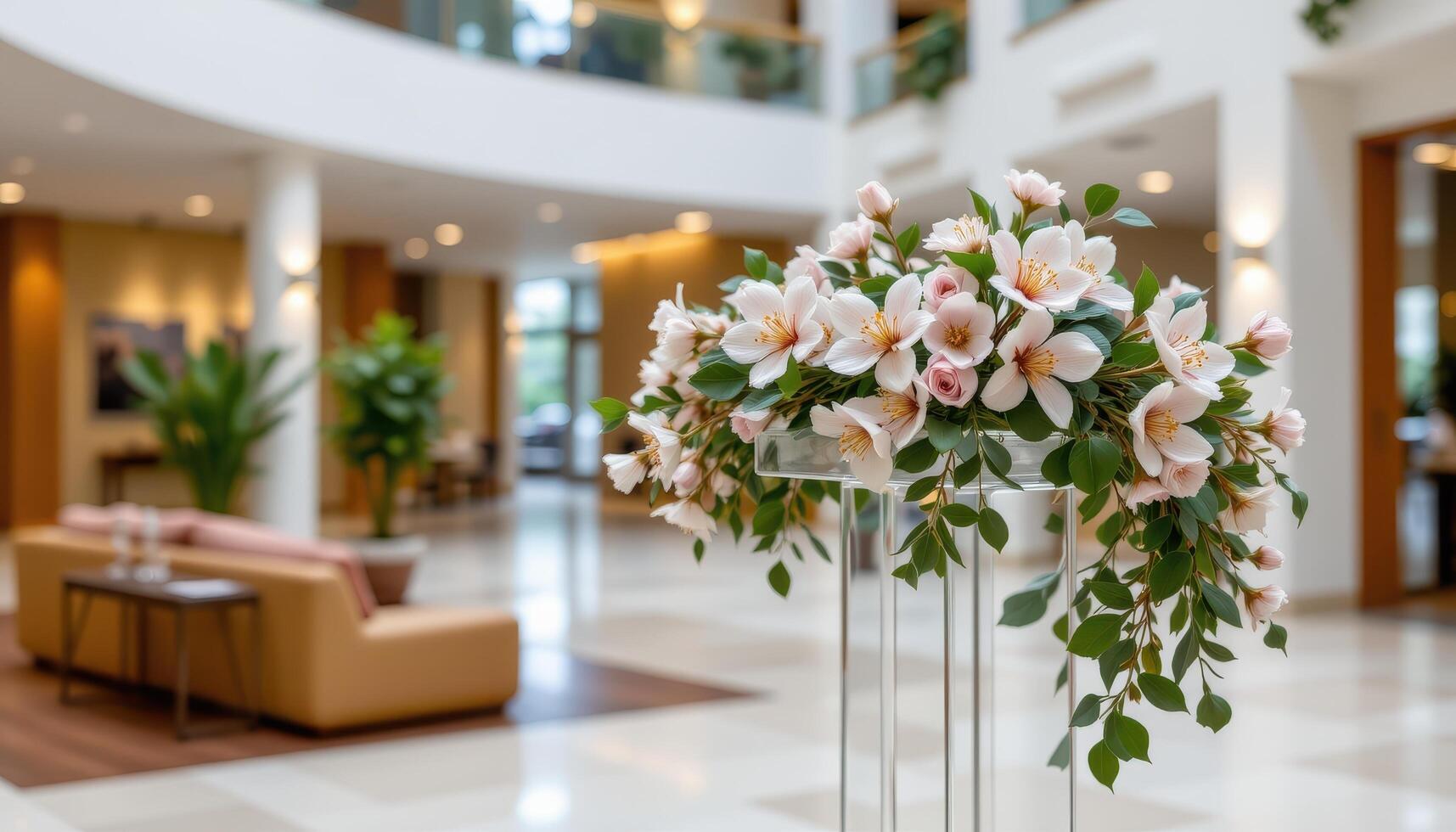close up view of a transparent acrylic podium with delicate floral arrangements of cherry blossoms and eucalyptus leaves, standing quietly in an open atrium. photo