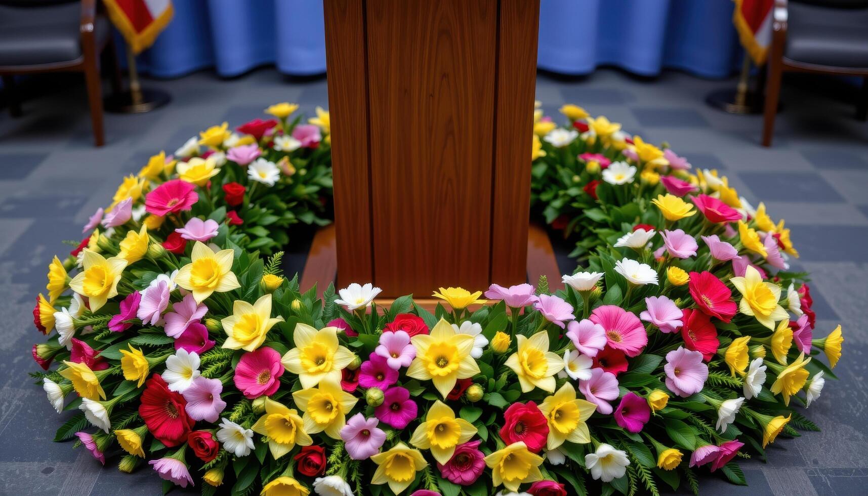 close up view of a podium surrounded by a circular floral arrangement at its base, featuring carnations, daffodils, and sweet peas. photo