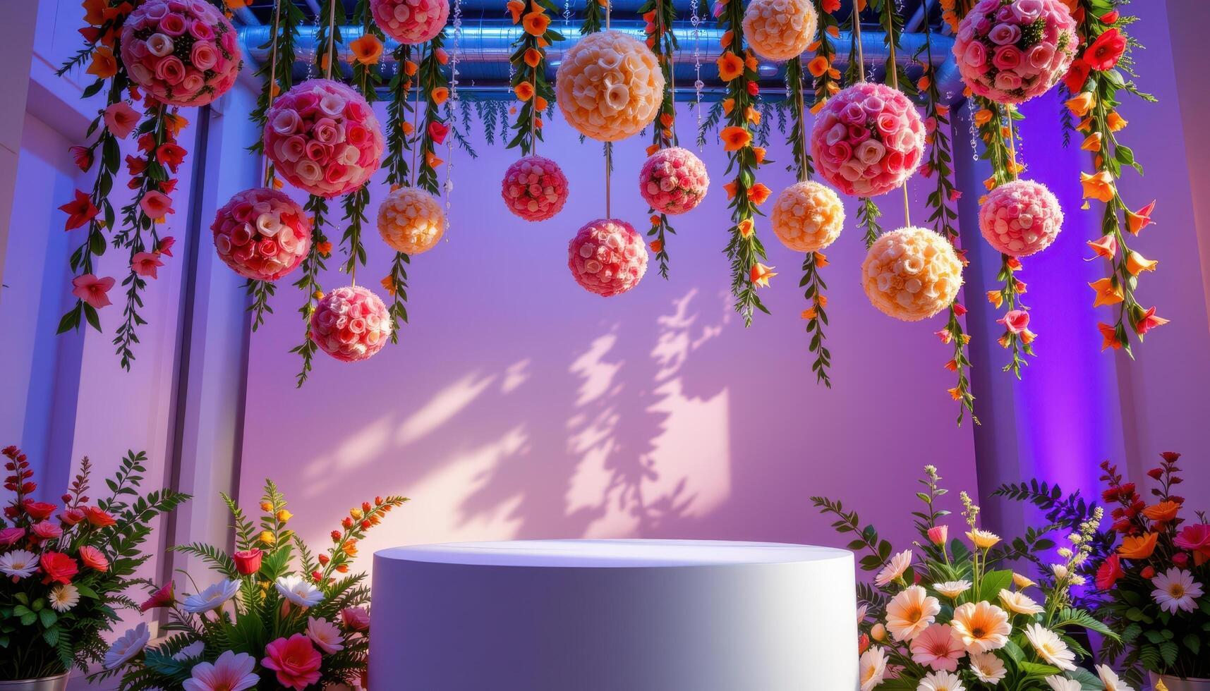 close up view of a podium placed beneath floral orbs suspended from the ceiling in organized cascading heights. photo