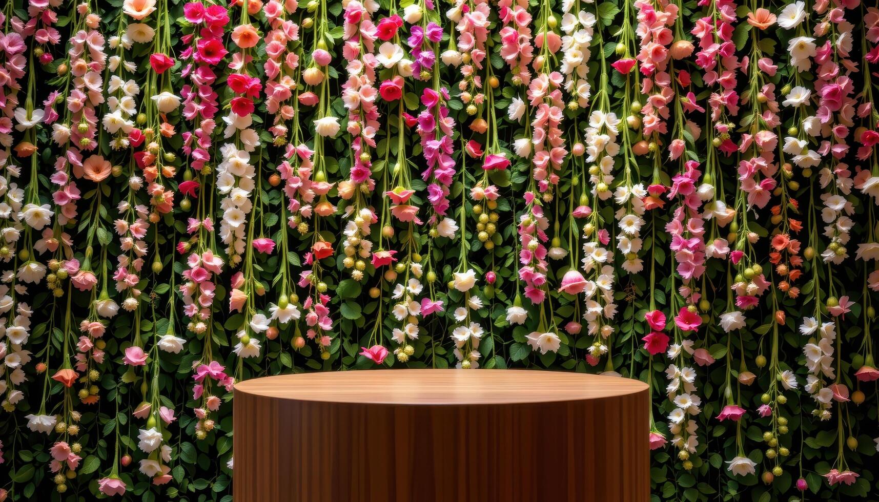 close up view of a podium backed by a wall of hanging single stem flowers creating a dreamy botanical backdrop. photo