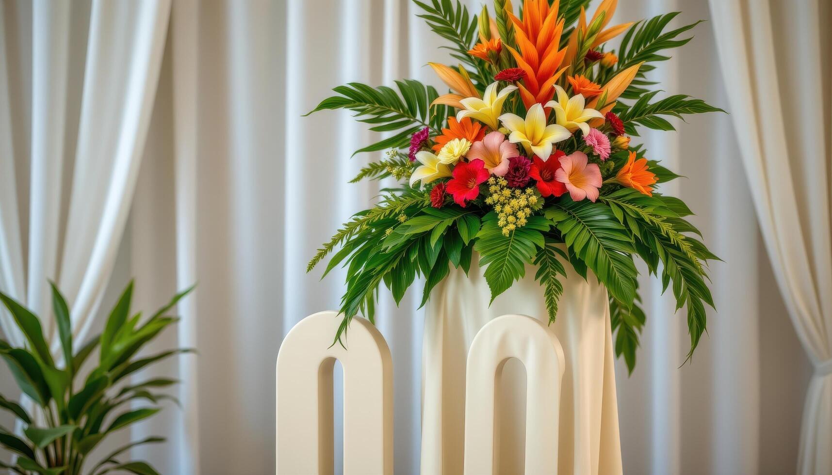 close up view of a podium wrapped in ivory cloth and topped with a tall arrangement of mixed tropical flowers and large green leaves. photo