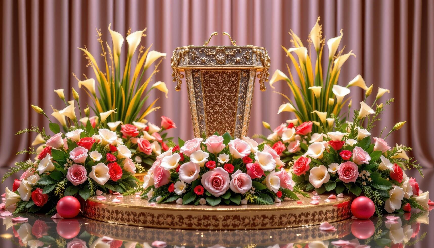close up view of a podium standing on a mirrored platform reflecting floral centerpieces made of roses, calla lilies, and ornamental grass. photo