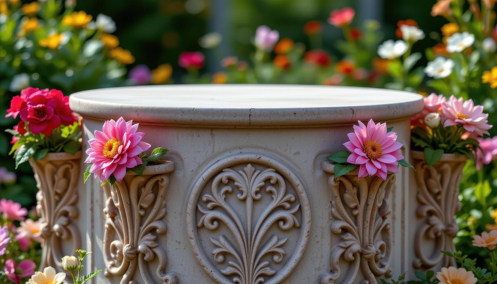 close up view of a podium with flower holders carved into its sides, each holding a different bloom from a garden collection. photo