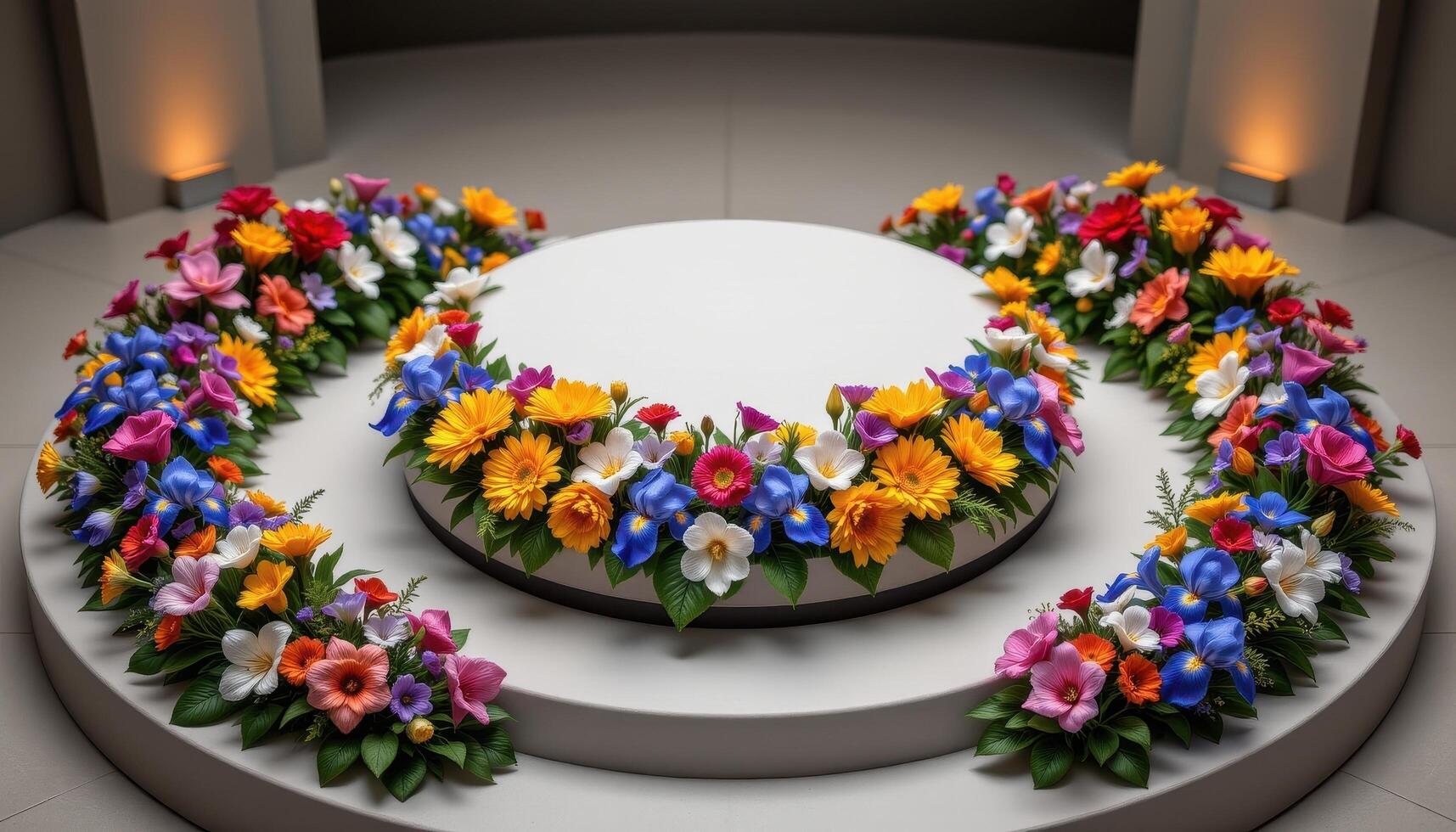 close up view of a podium on a circular platform with radial arrangements of chrysanthemums and iris blossoms. photo