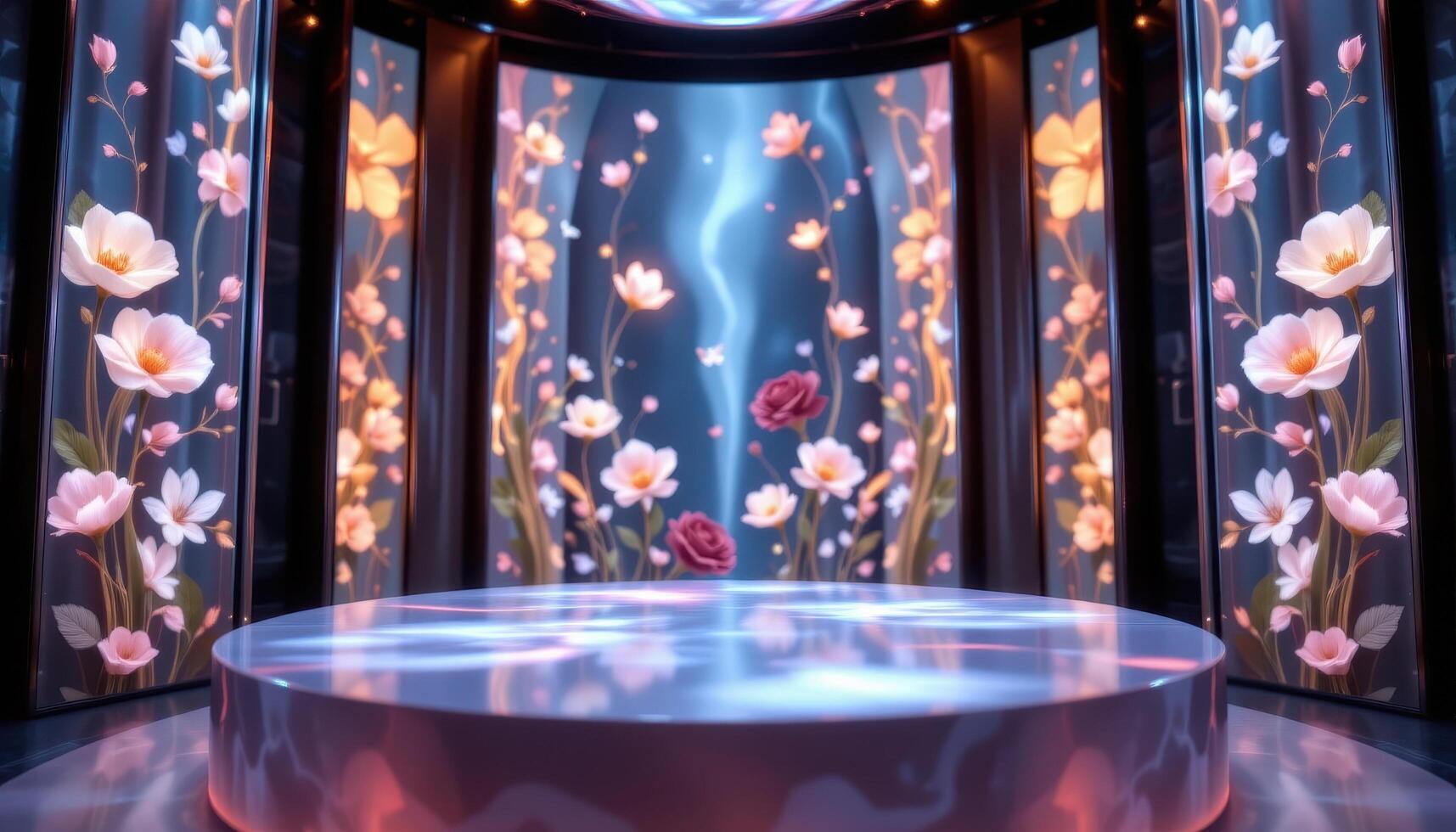 close up view of a podium with transparent floral inlays glowing softly from within the podium structure. photo