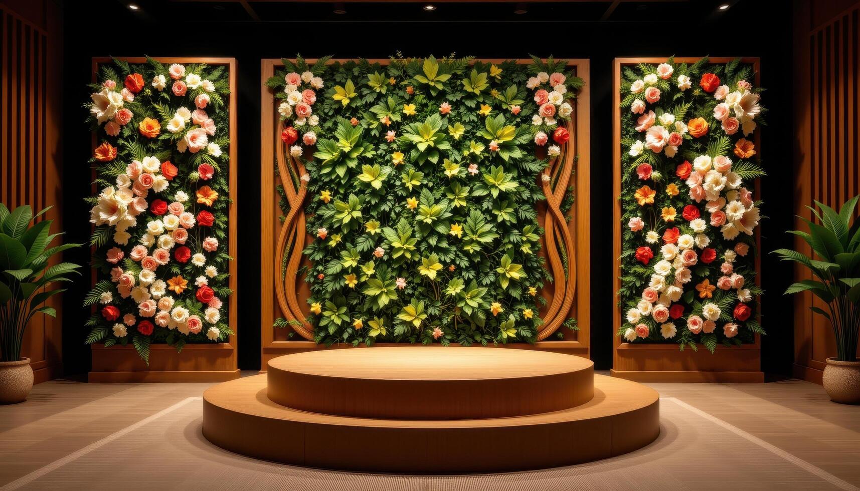 close up view of a podium backed by floral grids set into wooden panels with matching floor runners. photo