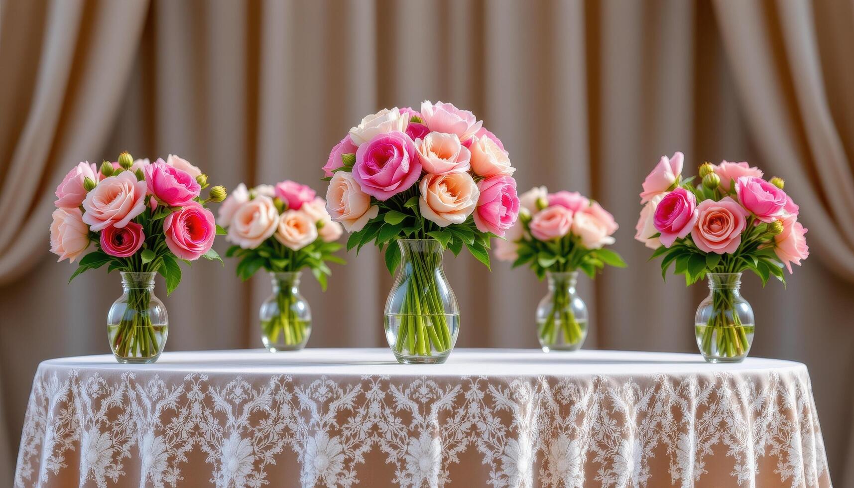 close up view of a podium trimmed with lace and peony filled vases arranged in a symmetrical display. photo