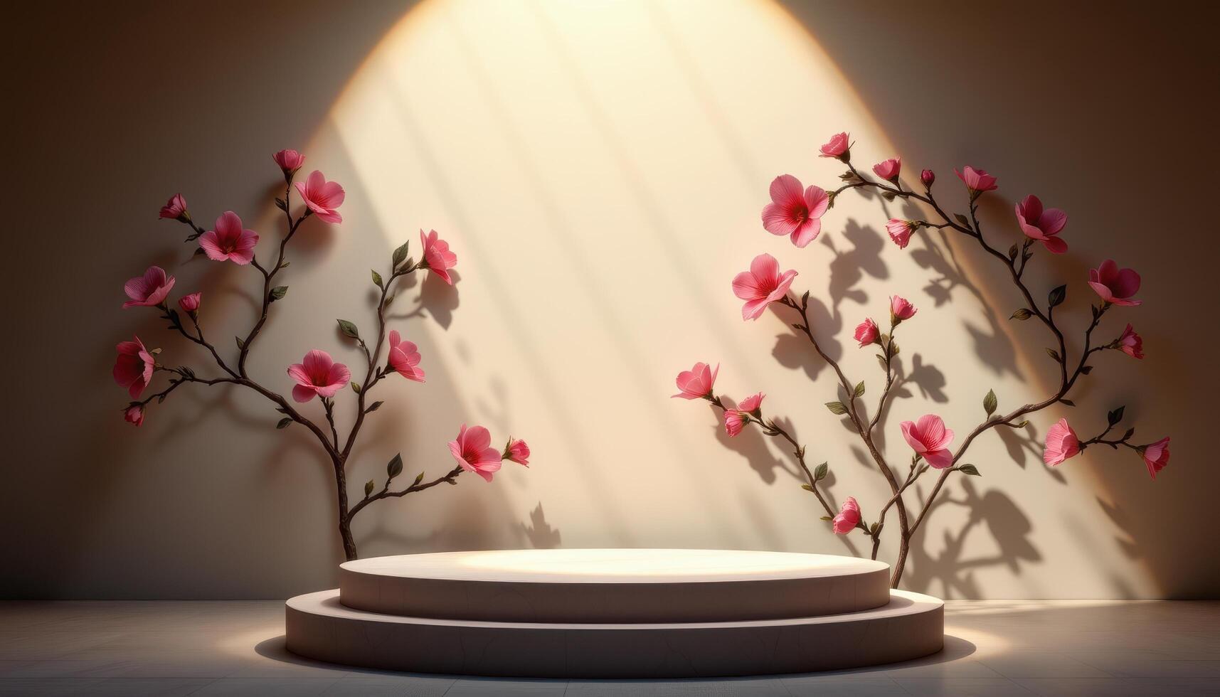 close up view of a podium lit from below, casting floral shadow patterns on walls from nearby blossoms. photo