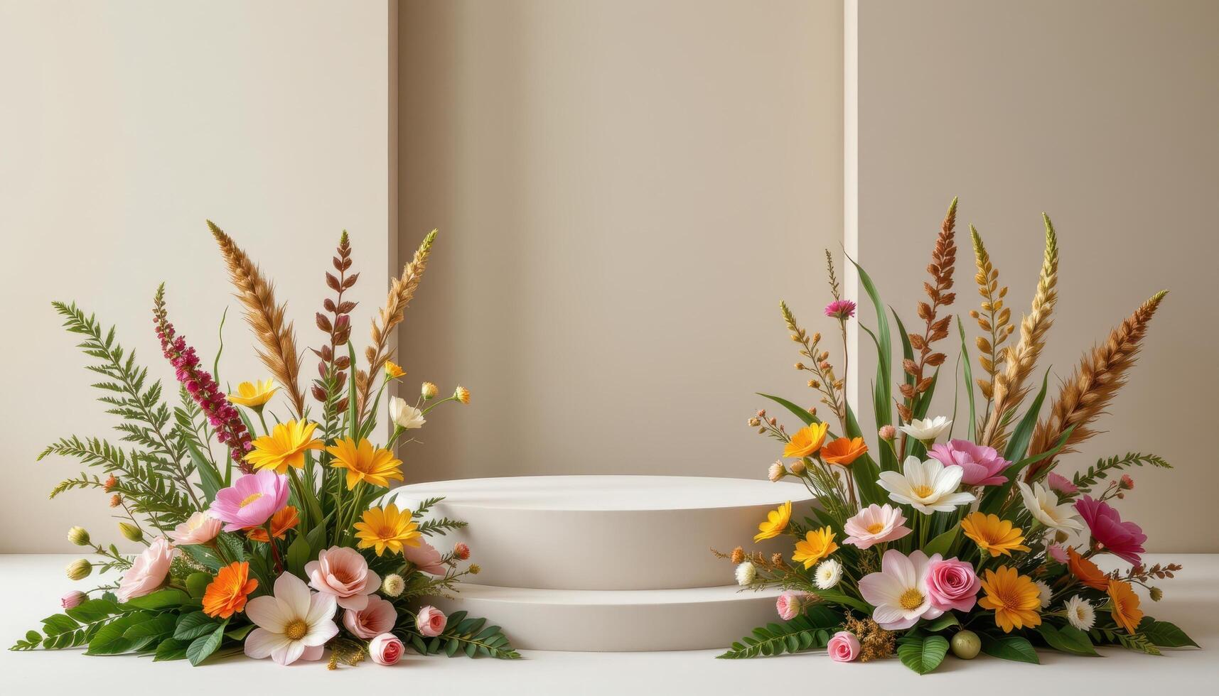 close up view of a podium surrounded by floral elements arranged in a minimalist, japanese inspired botanical composition. photo