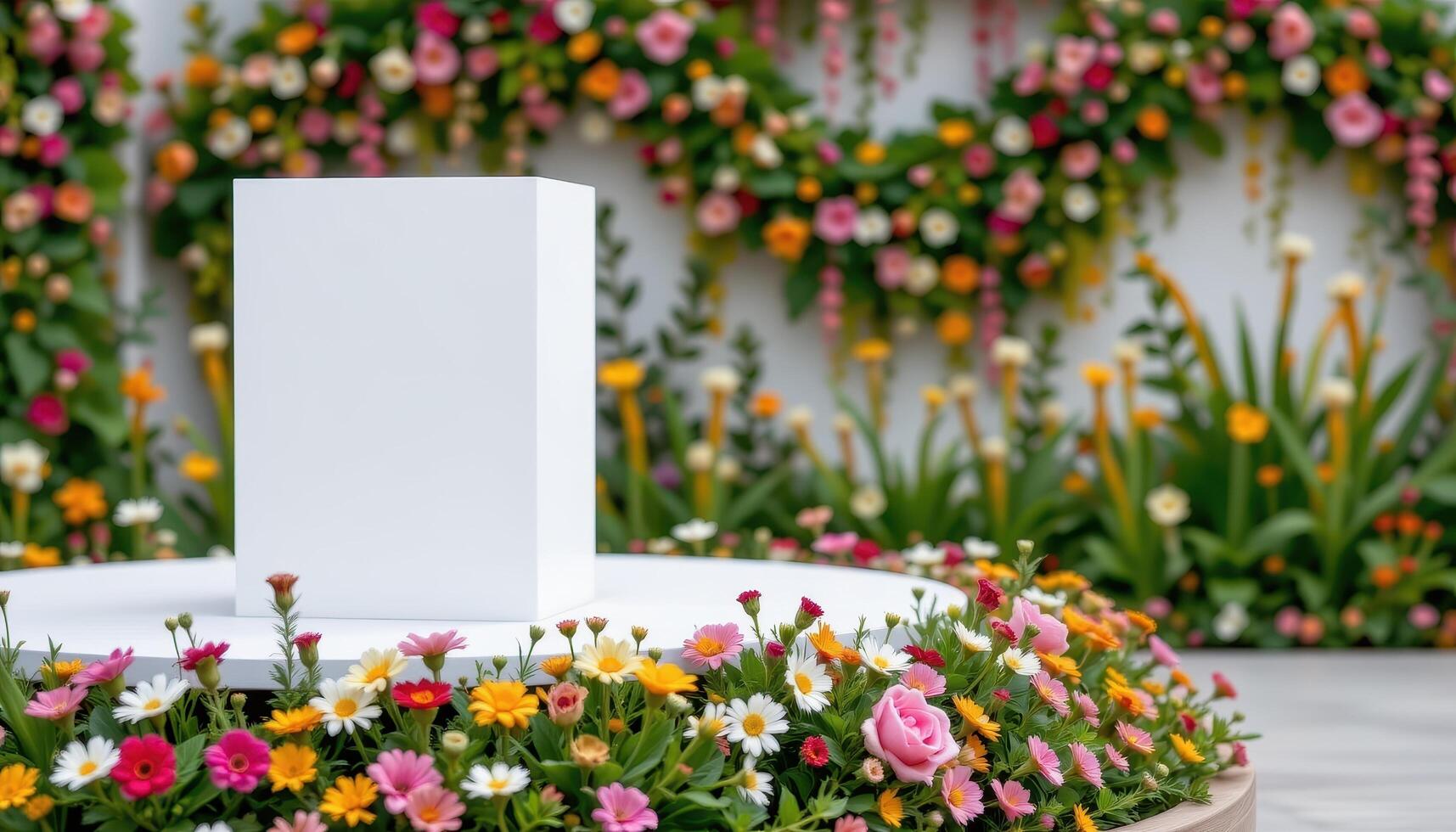 close up view of a podium set on a platform with floral borders arranged to resemble natural wildflower meadows. photo