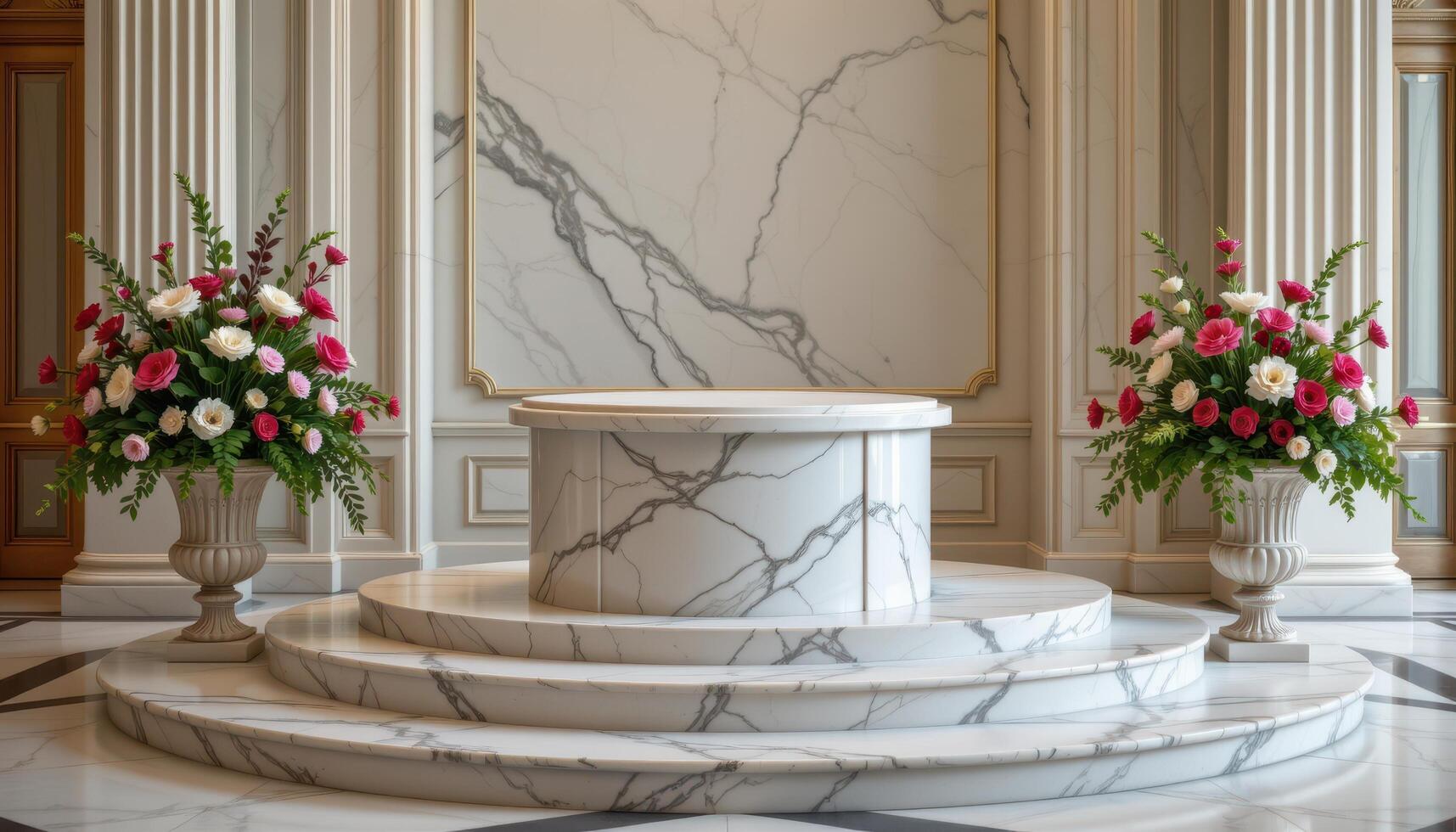 close up view of a podium in a classical marble setting, bordered by potted florals in antique urns overflowing with lush arrangements. photo