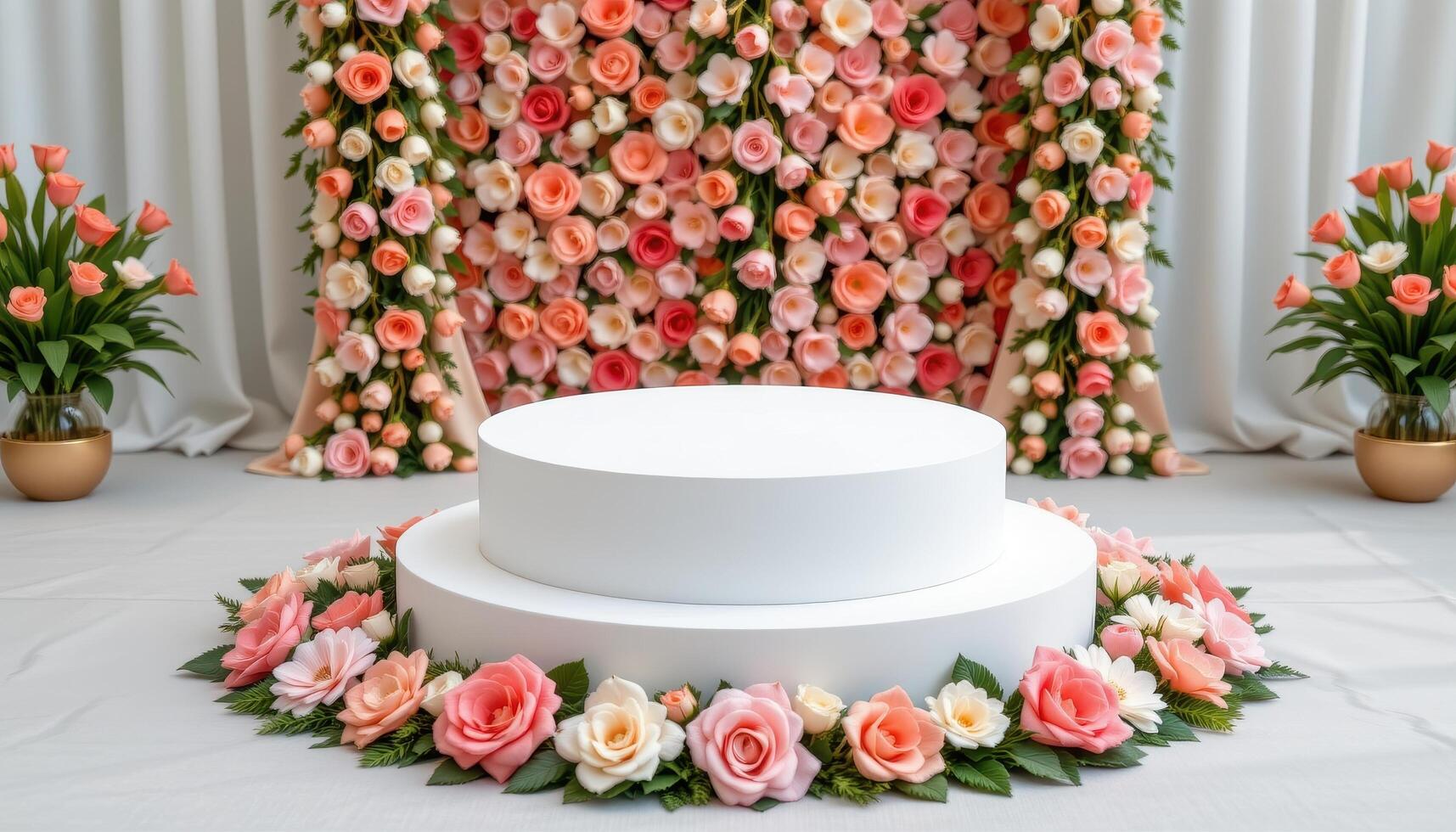 close up view of a podium set on a circular floral rug, with matching blooms extending upward along a vertical pole. photo
