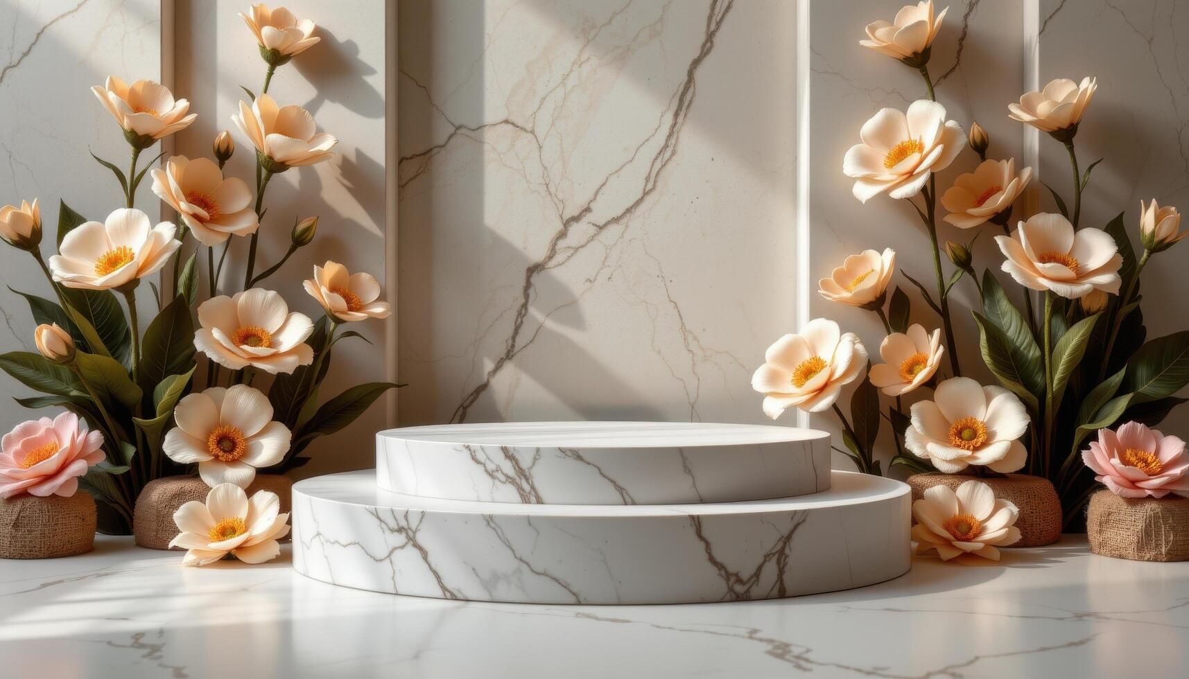 close up view of a podium with art deco lines, surrounded by precisely arranged sculptural flower forms. photo