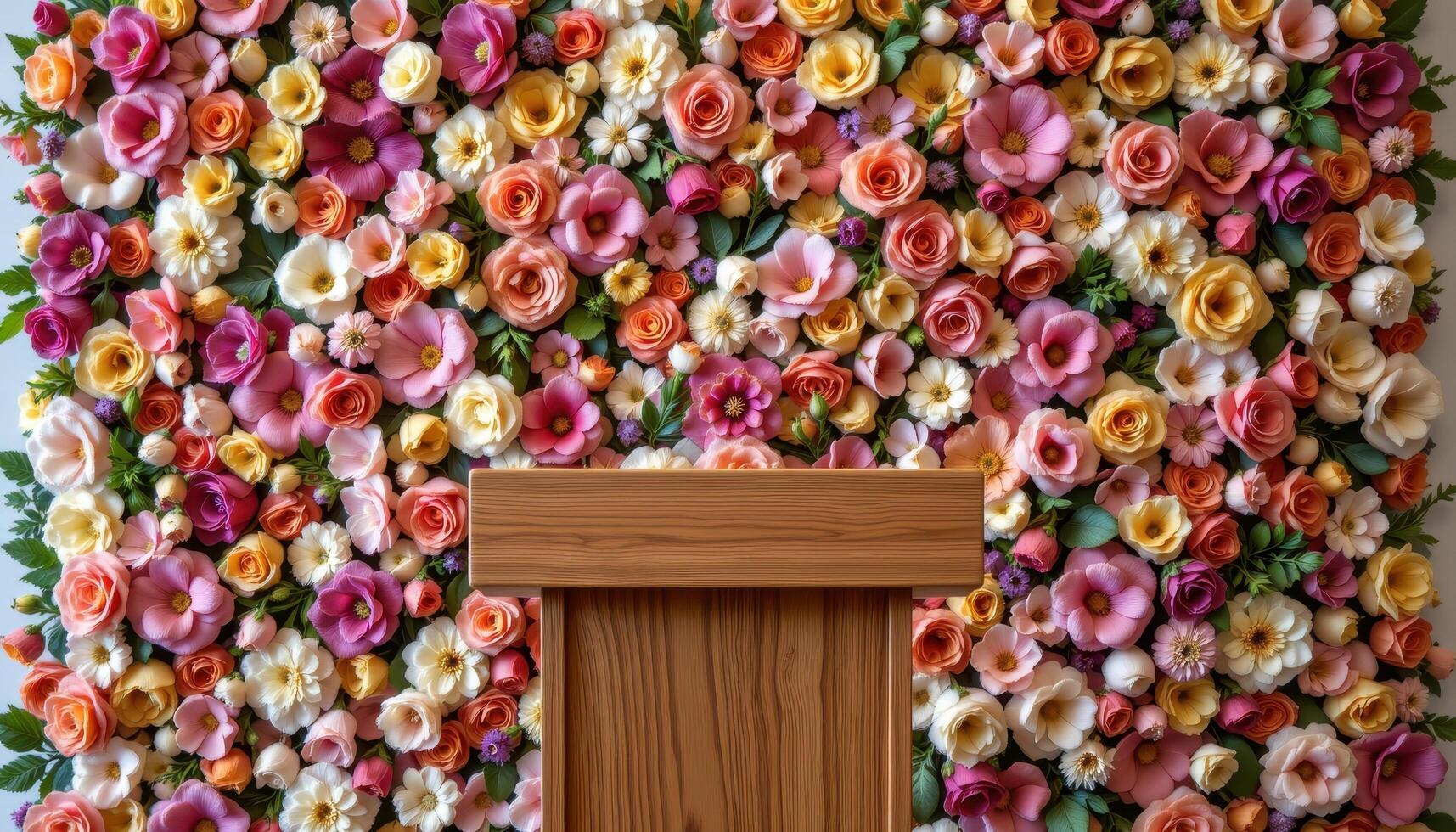 close up view of a podium backed by a handwoven floral tapestry made from fresh and dried blooms in intricate patterns. photo