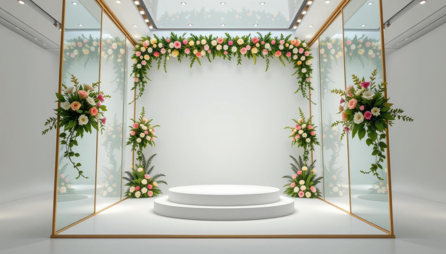 close up view of a podium inside a glass cube with floral arrangements climbing each interior wall toward the top corners. photo