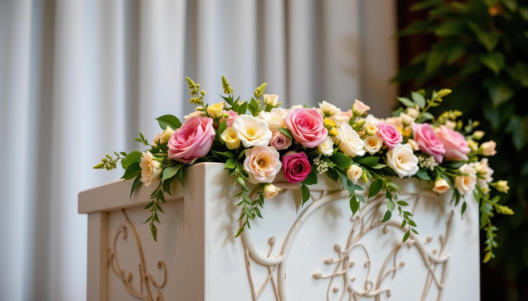 close up view of a podium with sculpted floral holders, seamlessly integrating flowers into the podium design. photo