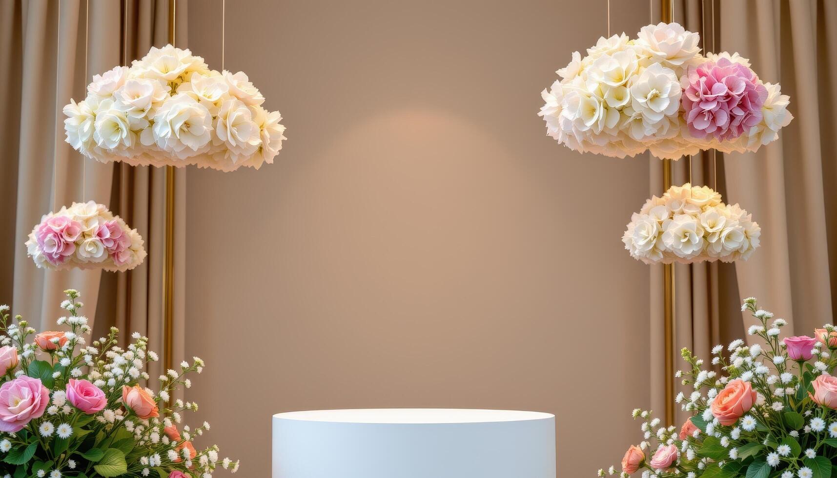close up view of a podium framed by suspended flower clouds made of hydrangeas and baby's breath. photo