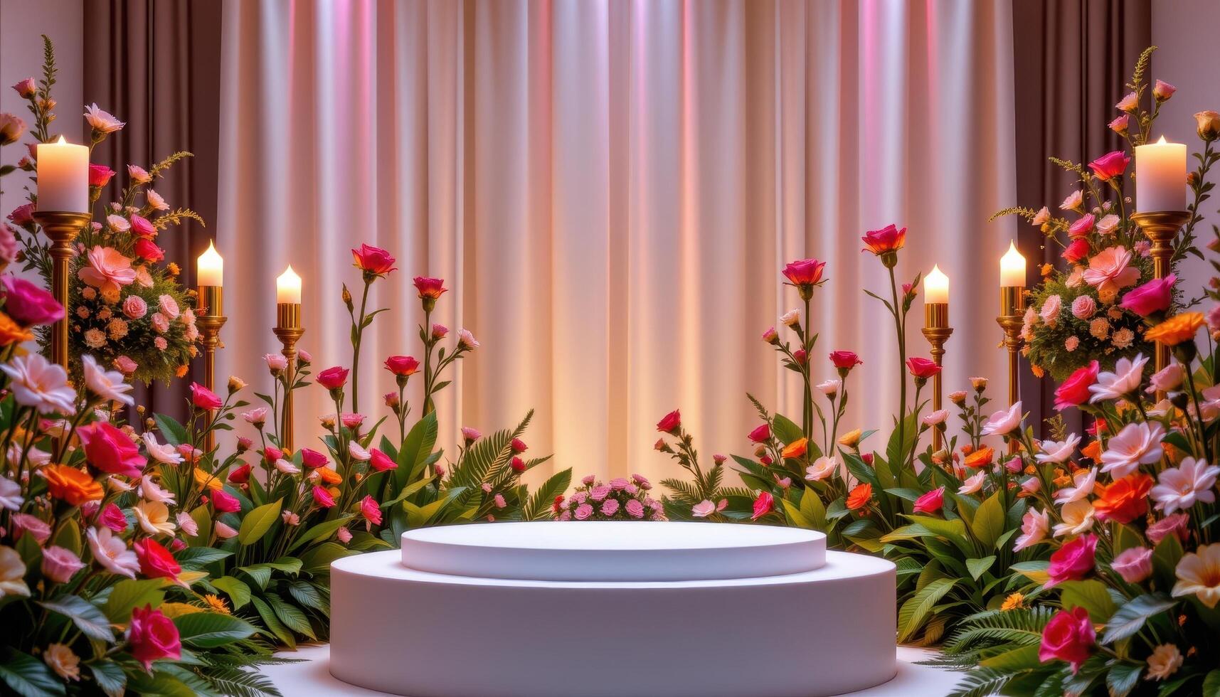 close up view of a podium surrounded by floral torches, where blooms rise from tall narrow stands with glowing lights. photo