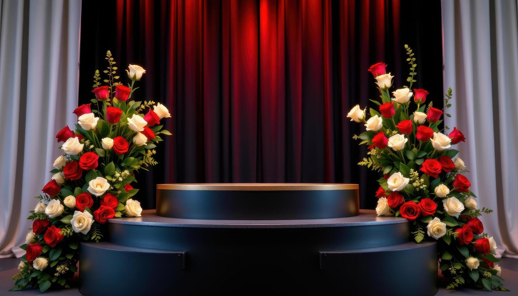 close up view of a sleek black podium with structured arrangements of red and white roses placed symmetrically on either side under ambient lighting. photo