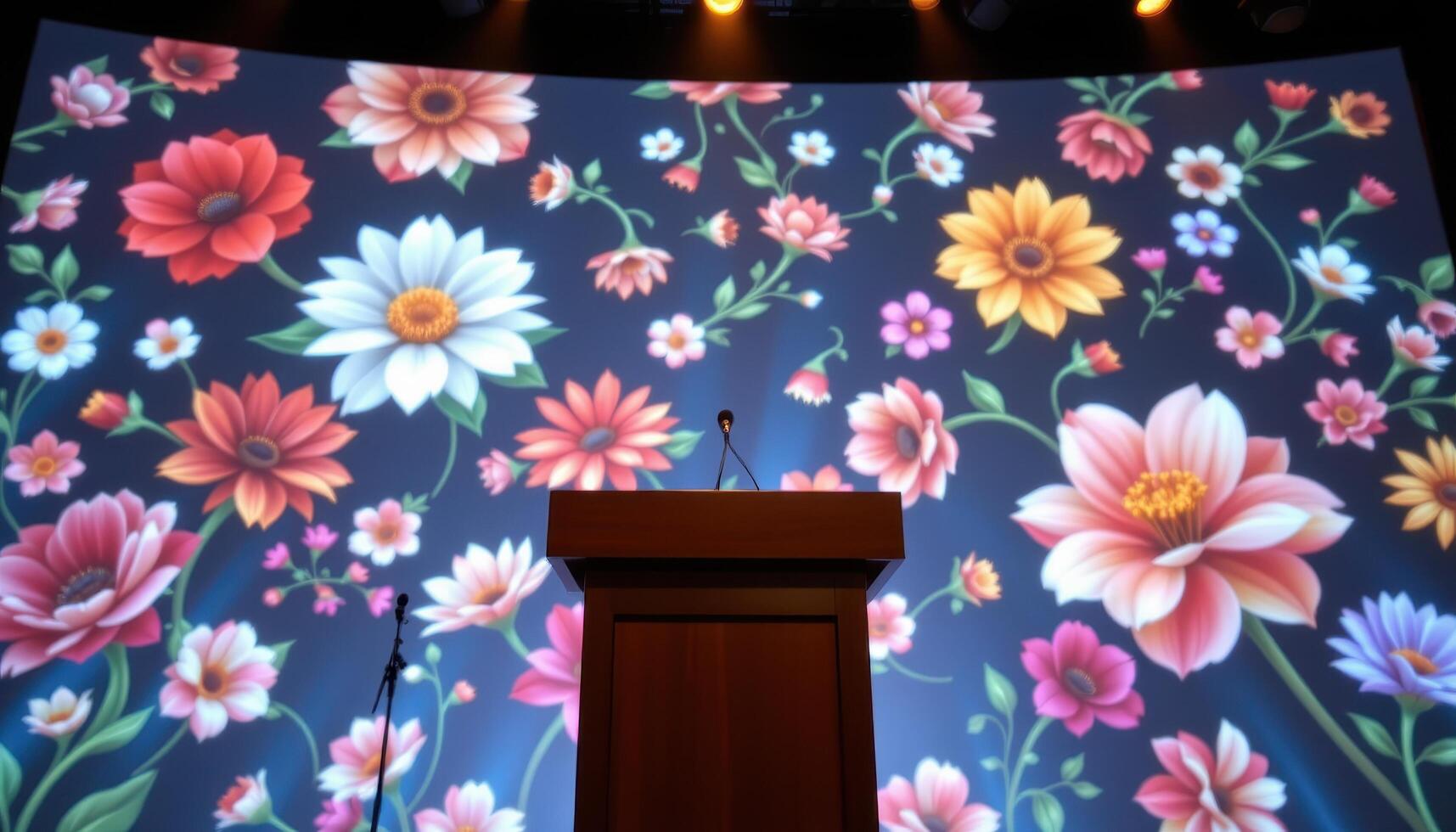 close up view of a podium with floral themed projections casting dynamic flower visuals across the scene. photo