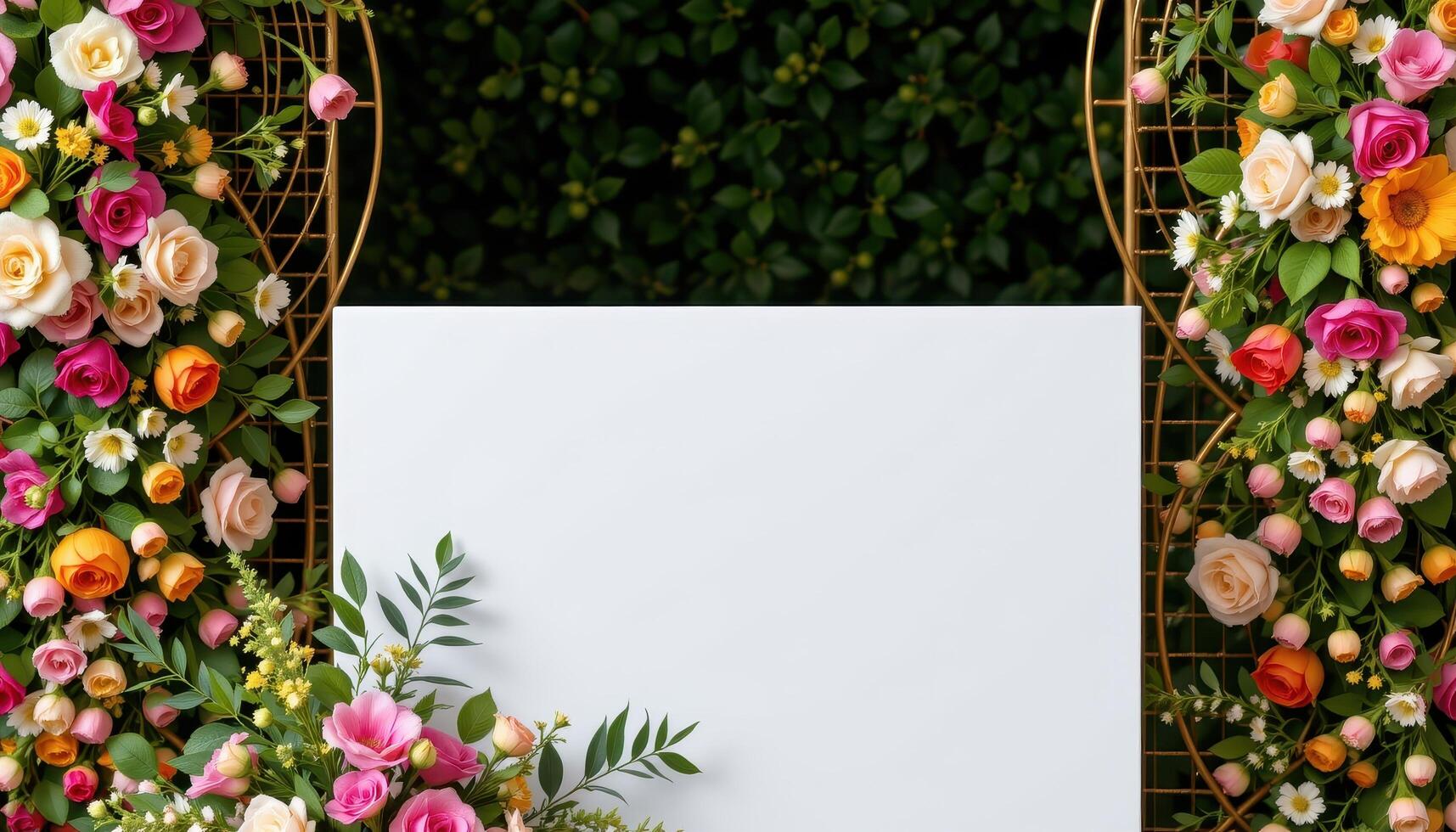 close up view of a podium paired with floral panels made of wire mesh and tightly packed blooms. photo