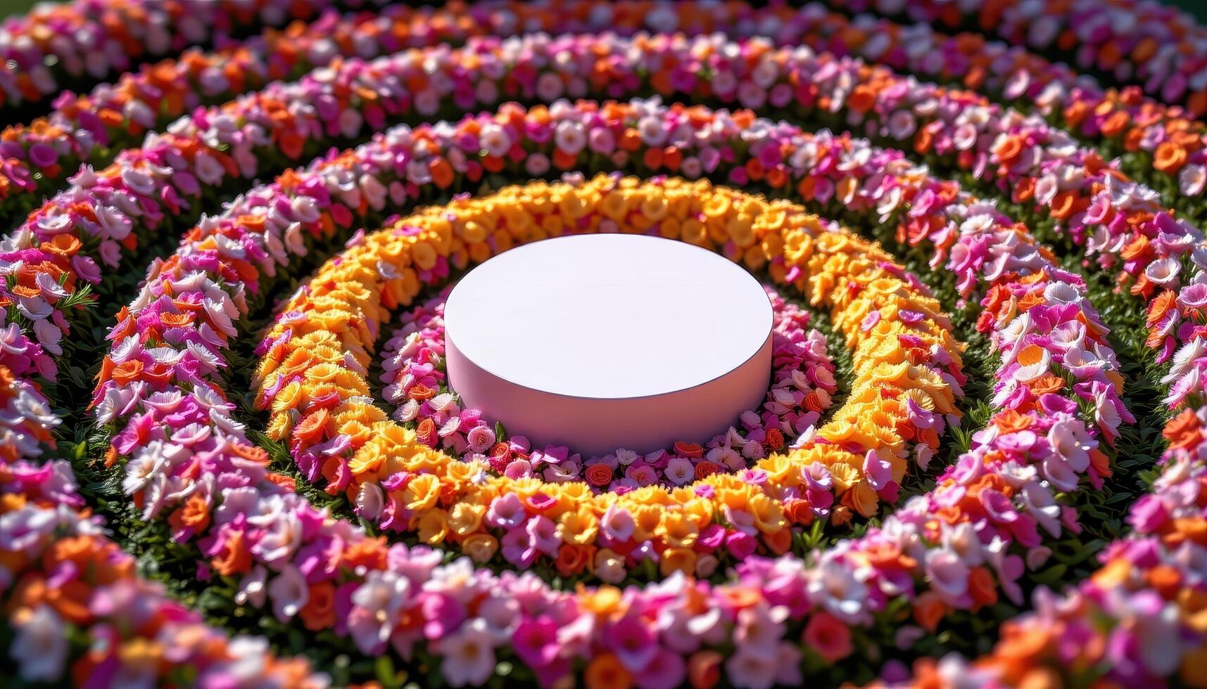 close up view of a podium at the center of a spiral flower path, leading up to its base in an elegant pattern. photo