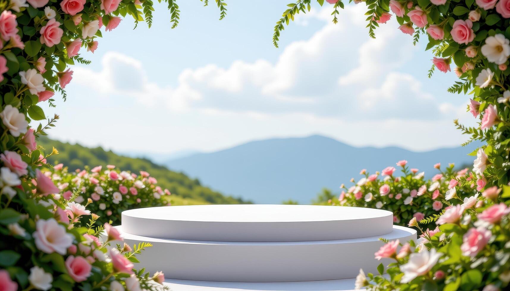 close up view of a podium surrounded by semi circular floral arcs forming a soft, blooming enclosure. photo
