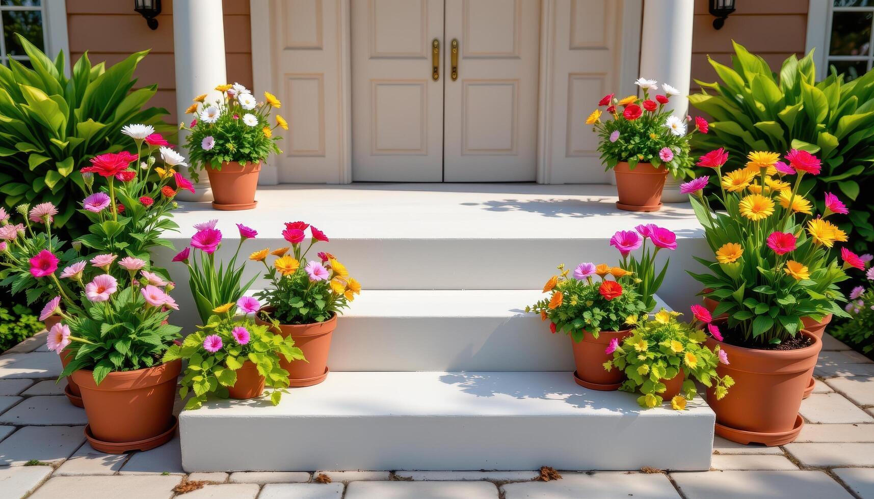 close up view of a podium bordered by potted flowering plants positioned in a symmetrical garden layout. photo