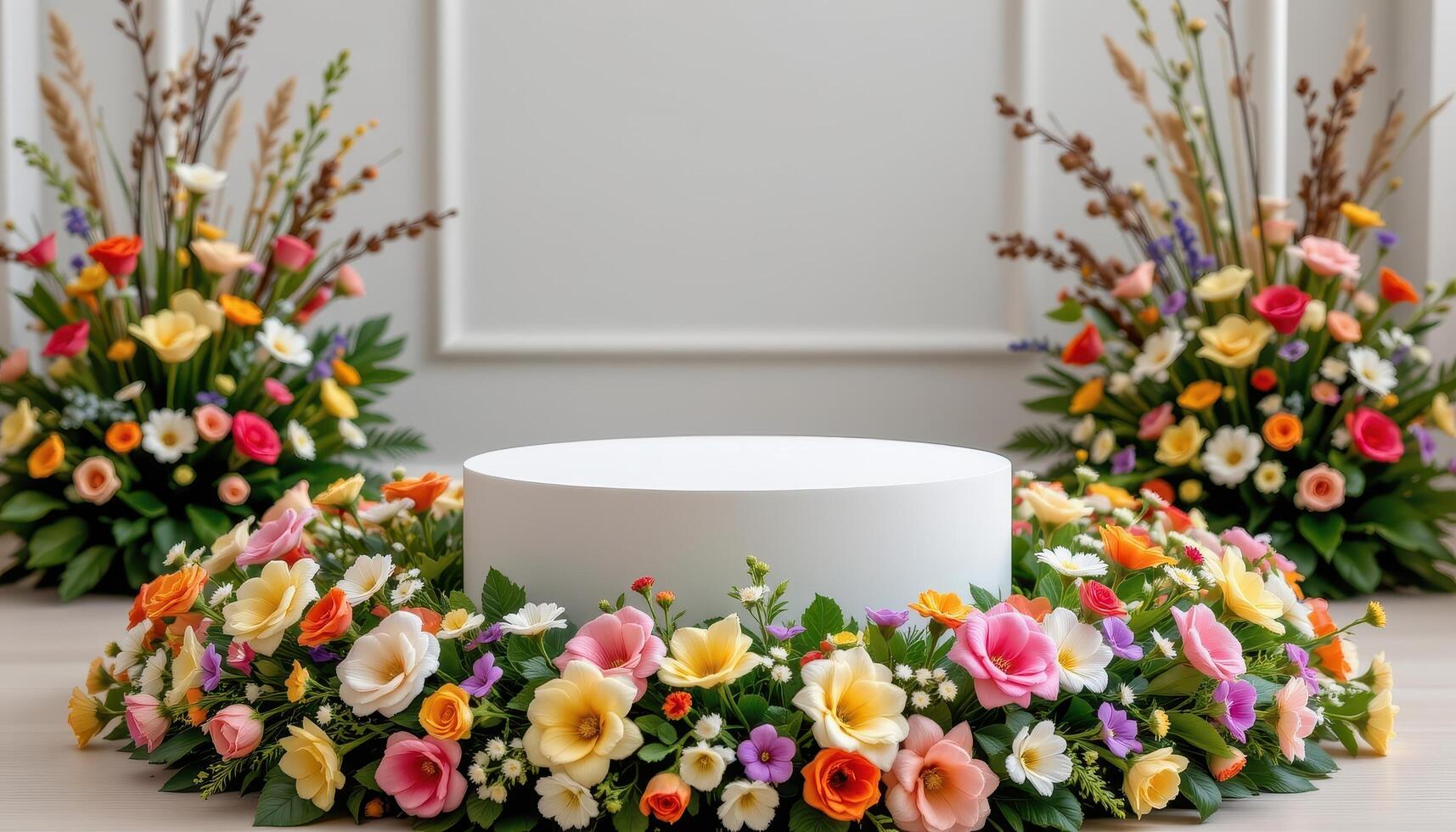 close up view of a podium placed in the middle of a floral ring with mixed spring blooms creating a halo effect around the base. photo