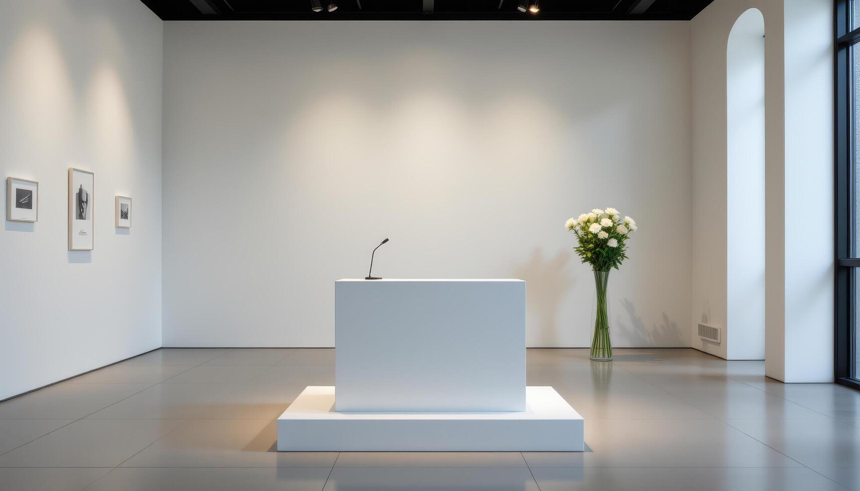 close up view of a podium set within a minimal gallery space with a single tall vase of white flowers standing beside its side. photo