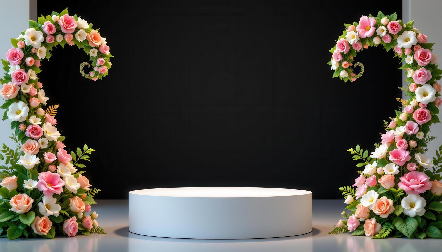 close up view of a podium beside twin floral spirals rising symmetrically to frame the scene. photo
