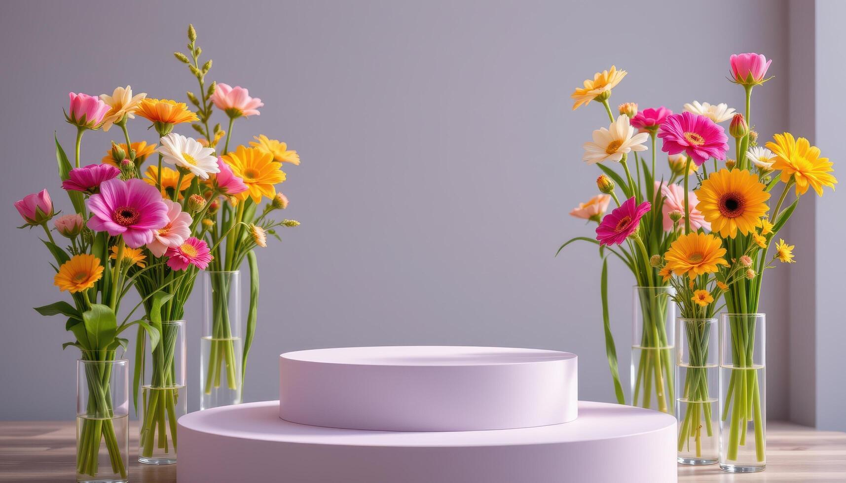 close up view of a podium surrounded by long stemmed blooms emerging from glass cylinders of varying height. photo
