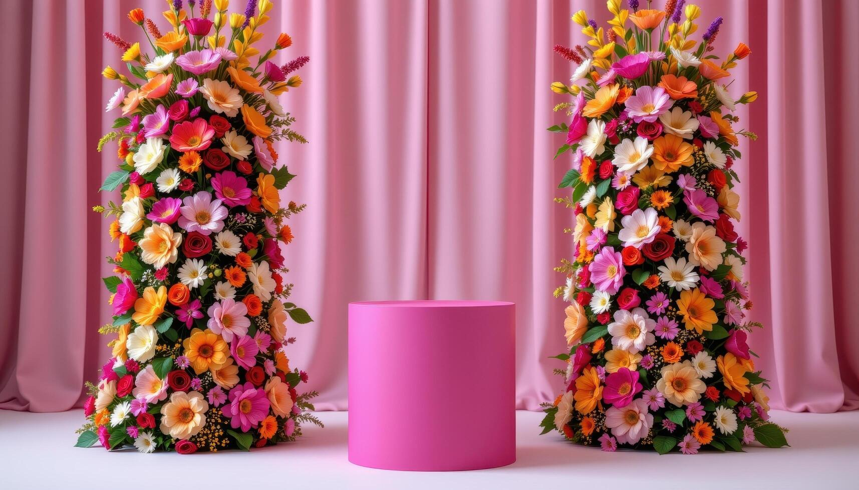 close up view of a podium standing between two floral towers built from symmetrical arrangements of bold colored blooms. photo