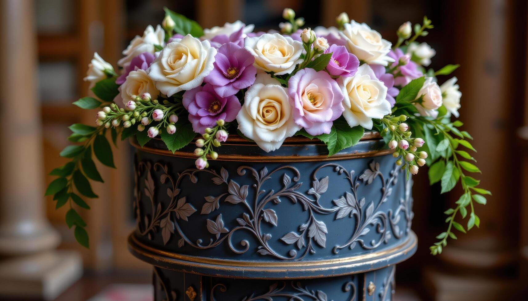 close up view of a podium with floral engravings on its sides and topped with a mix of lilac and cream florals. photo