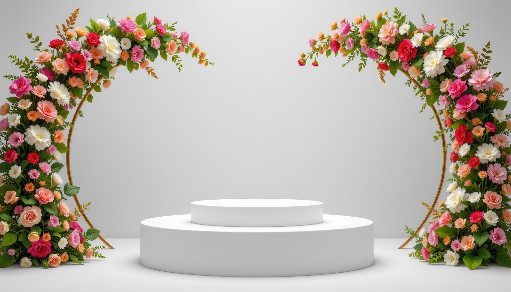 close up view of a podium resting between two curved flower stands arranged in an arching motion over the center platform. photo